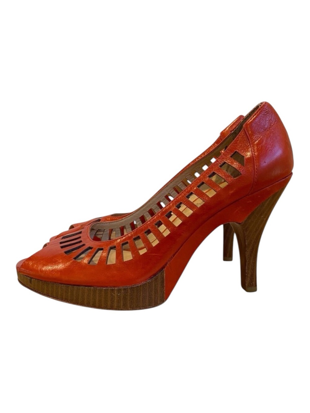 Modern Vintage Malory cherry pumps Orange Leather Cutout Peep Toe Heels size 38